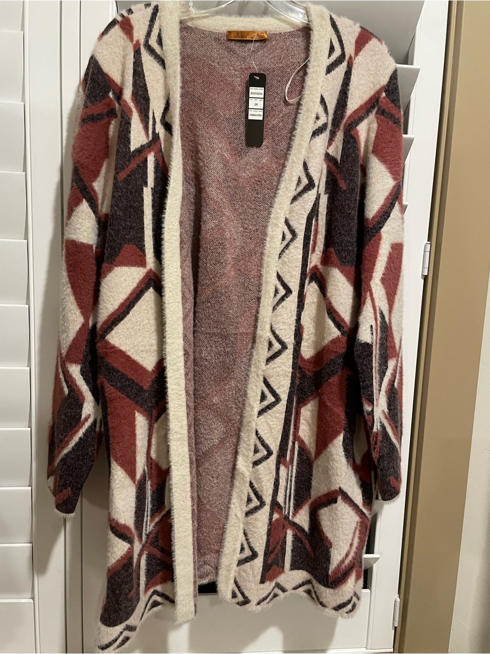 Belldini Open-Front Geometric Cardigan in Rust, Cream & Charcoal